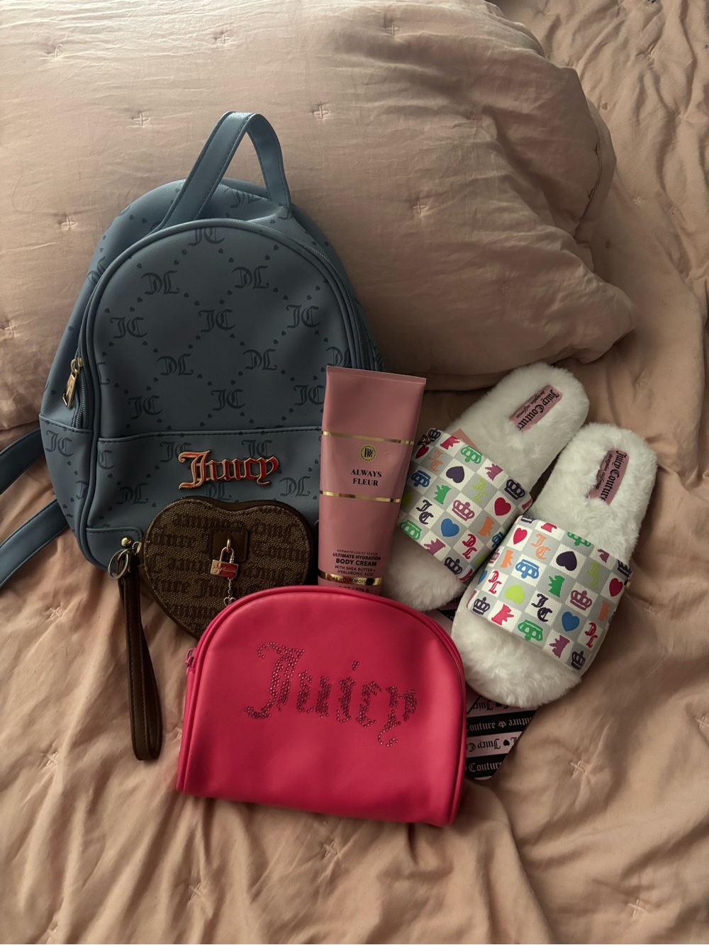 Juicy Couture Pink Pouch & Blue Backpack & Juicy Couture Wristlet Wallet Bundle